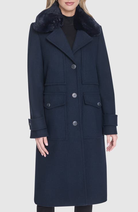 Faux Fur Collar Wool Blend Coat
