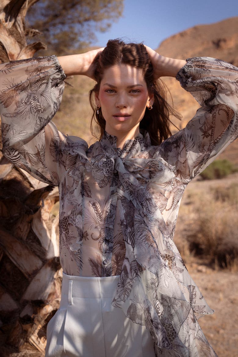 Printed Organza Blouse With Ruffles, Alternate, color, Mint