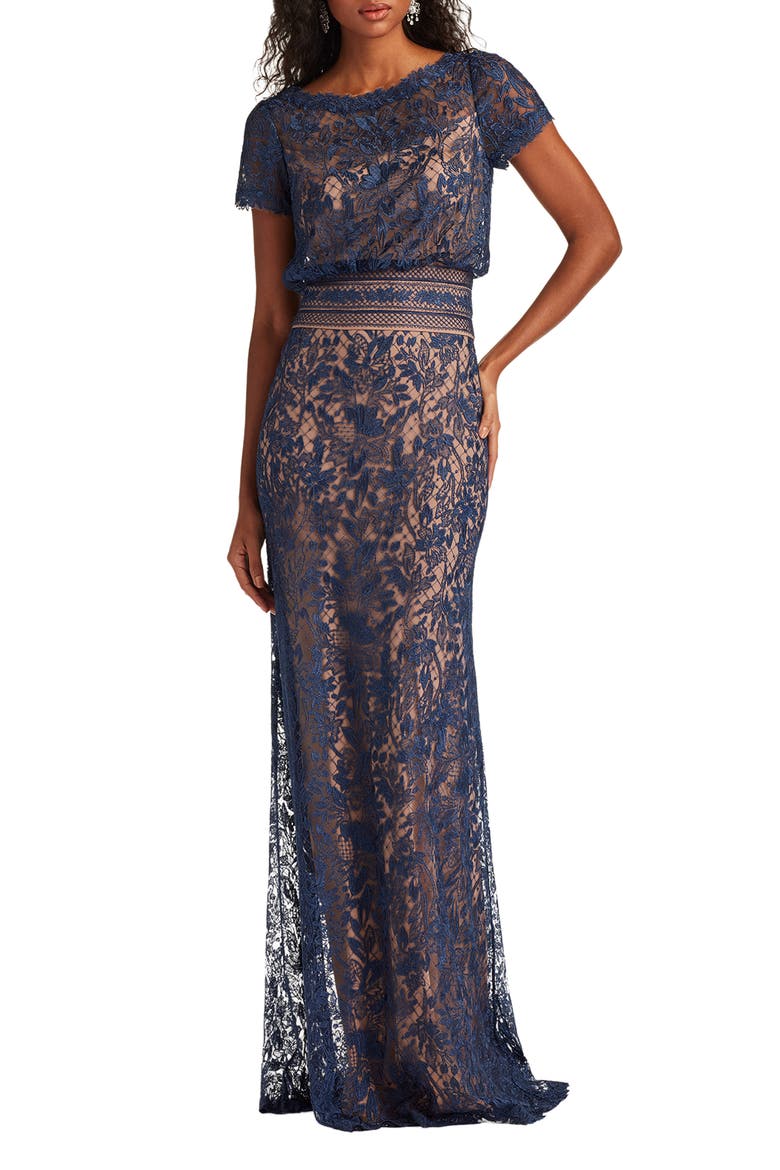 Lace Blouson Bodice Gown, Main, color, NAVY/ NUDE