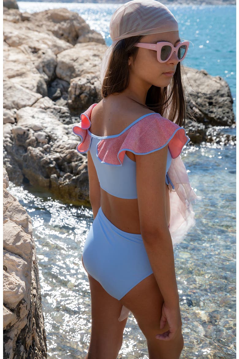 Kids' Glitter Ruffle Ruched Bikini Set, Alternate, color, Blue-Pink