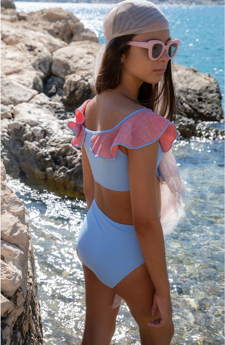 NESSI BYRD Kids' Glitter Ruffle Ruched Bikini Set, Alternate, color, Blue-Pink