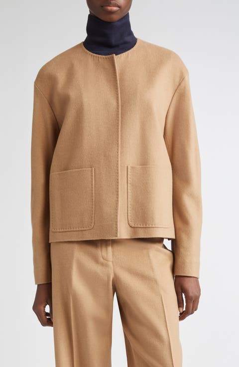 Patch Pocket Collarless Camel Hair Jacket