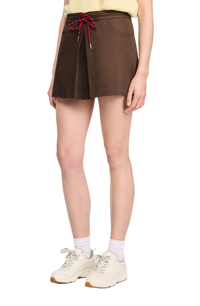 SANDRO Drawstring pleated skort, Alternate, color, Brown