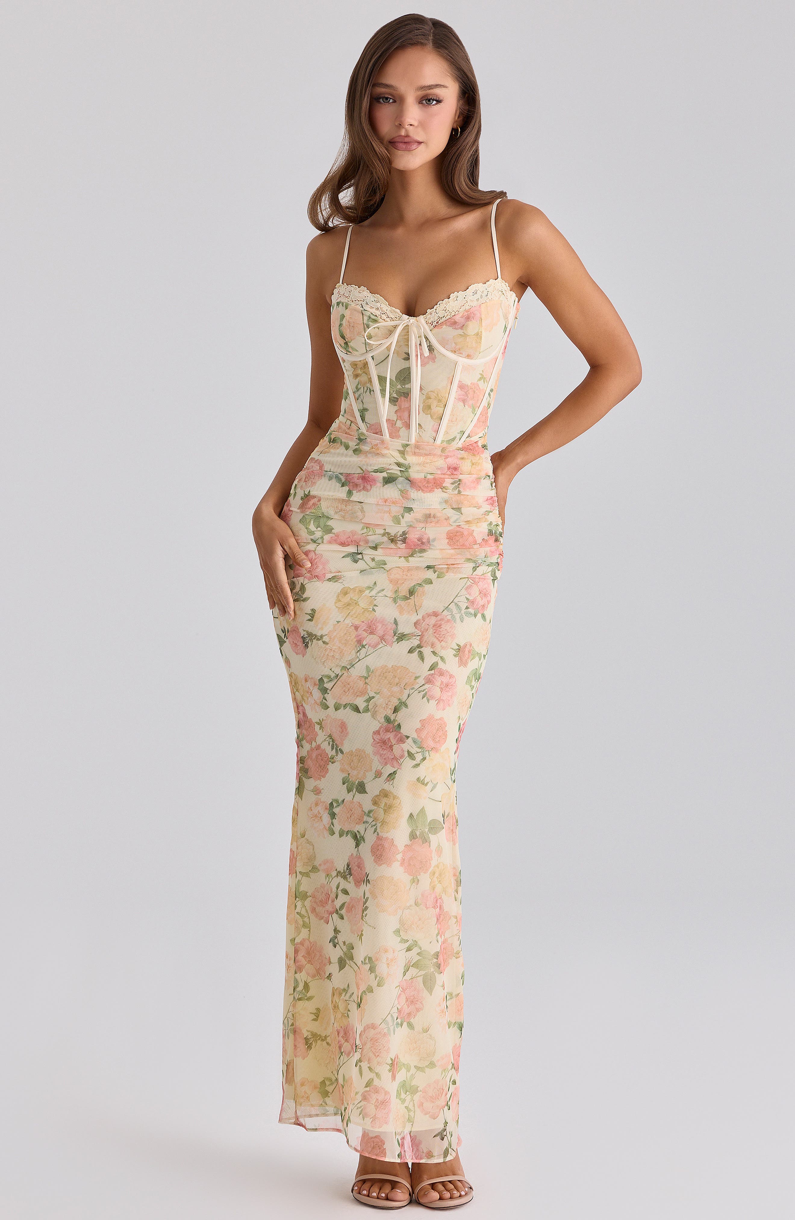 mesh sweetheart floral corset detachable layered maxi dress B. Darlin Floral Printed Mesh Sweetheart Neck Corseted Ruffle Long Dress