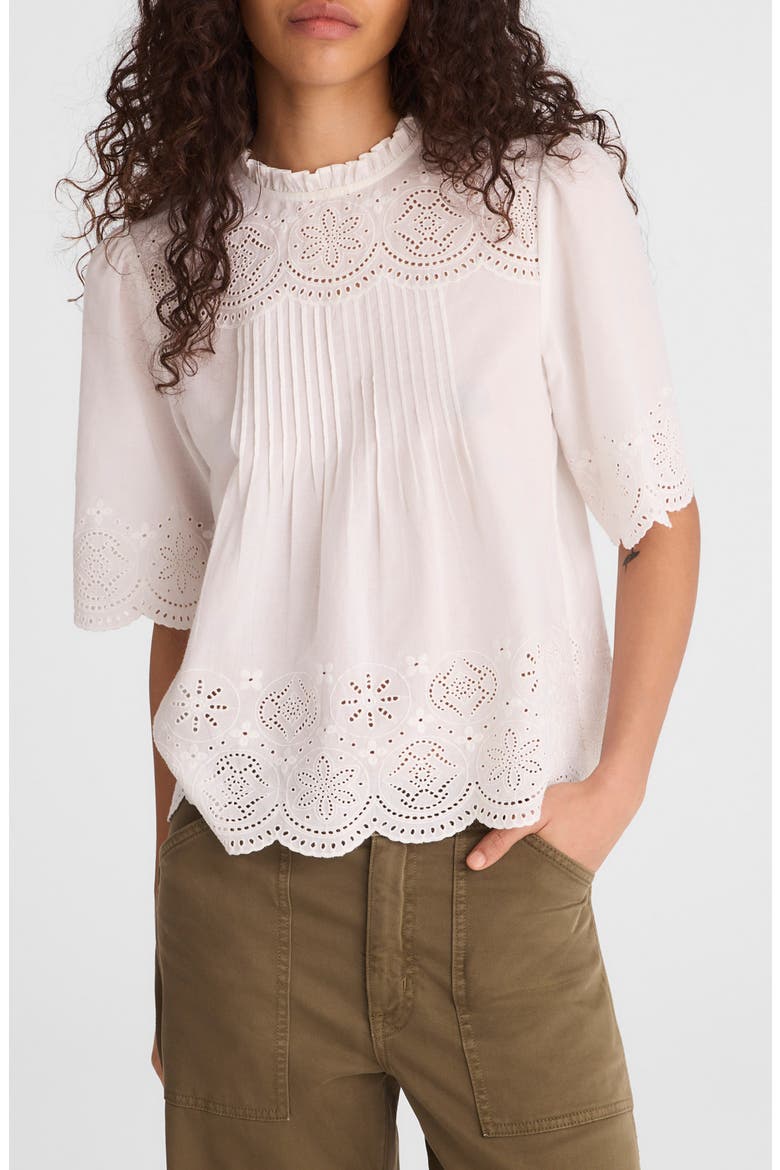 Embroidered Pintuck High Neck Cotton Voile Top, Main, color, WHITE