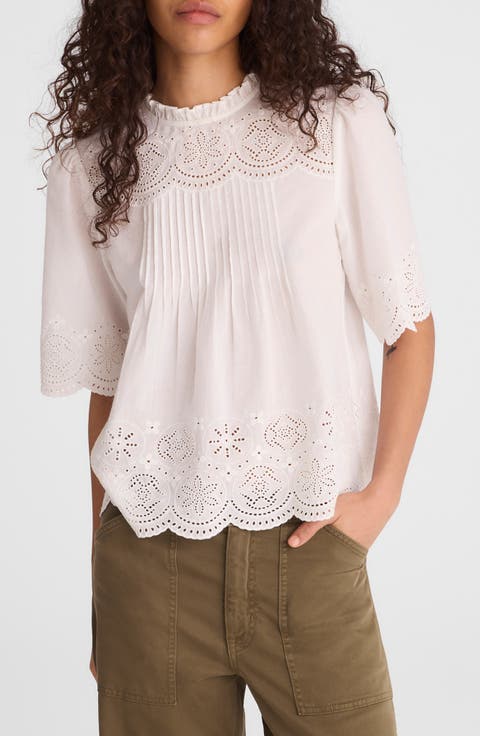 Embroidered Pintuck High Neck Cotton Voile Top