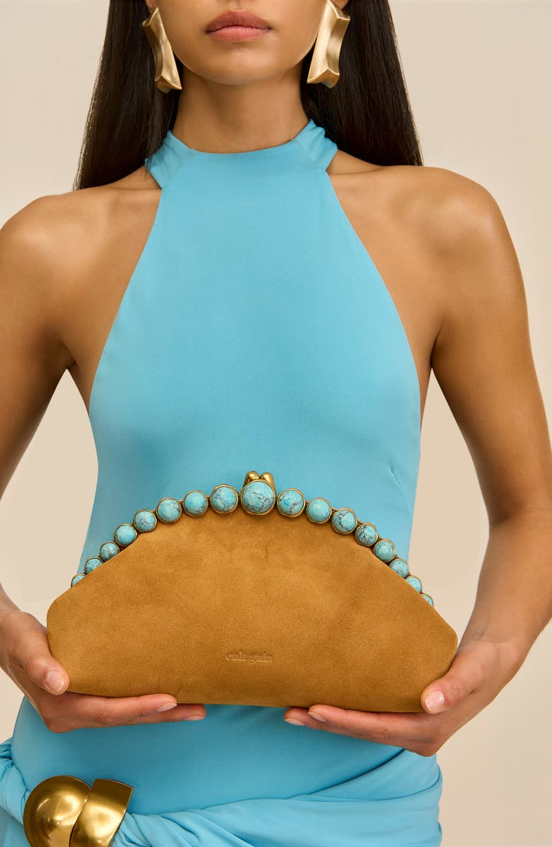 Cult Gaia Una Suede Frame Clutch, Alternate, color, Toasted Caramel