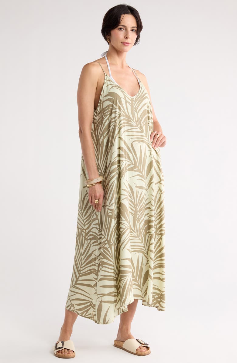 NORDSTROM RACK Spaghetti Strap Cover-Up Dress, Main, color, Green Palm Pattern
