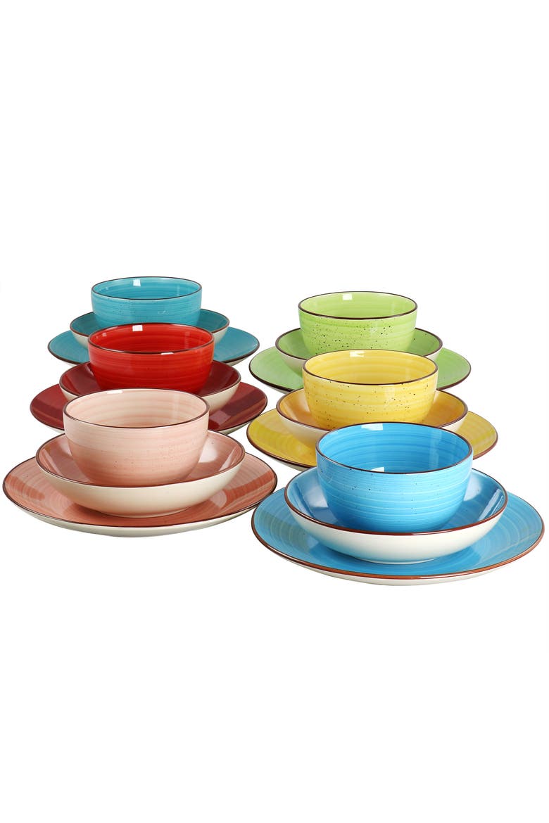 Sebastian 18 Piece Double Bowl Stoneware Dinnerware Set, Alternate, color, Pink