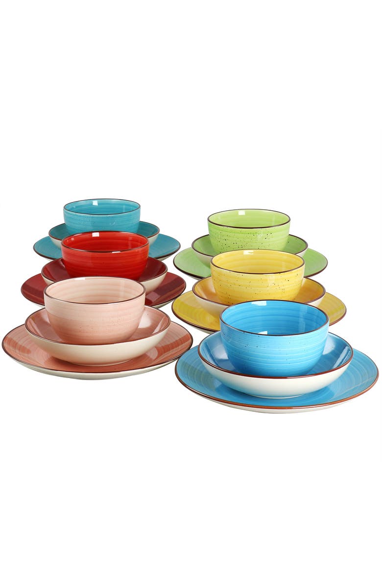 Elama Sebastian 18 Piece Double Bowl Stoneware Dinnerware Set, Alternate, color, Pink