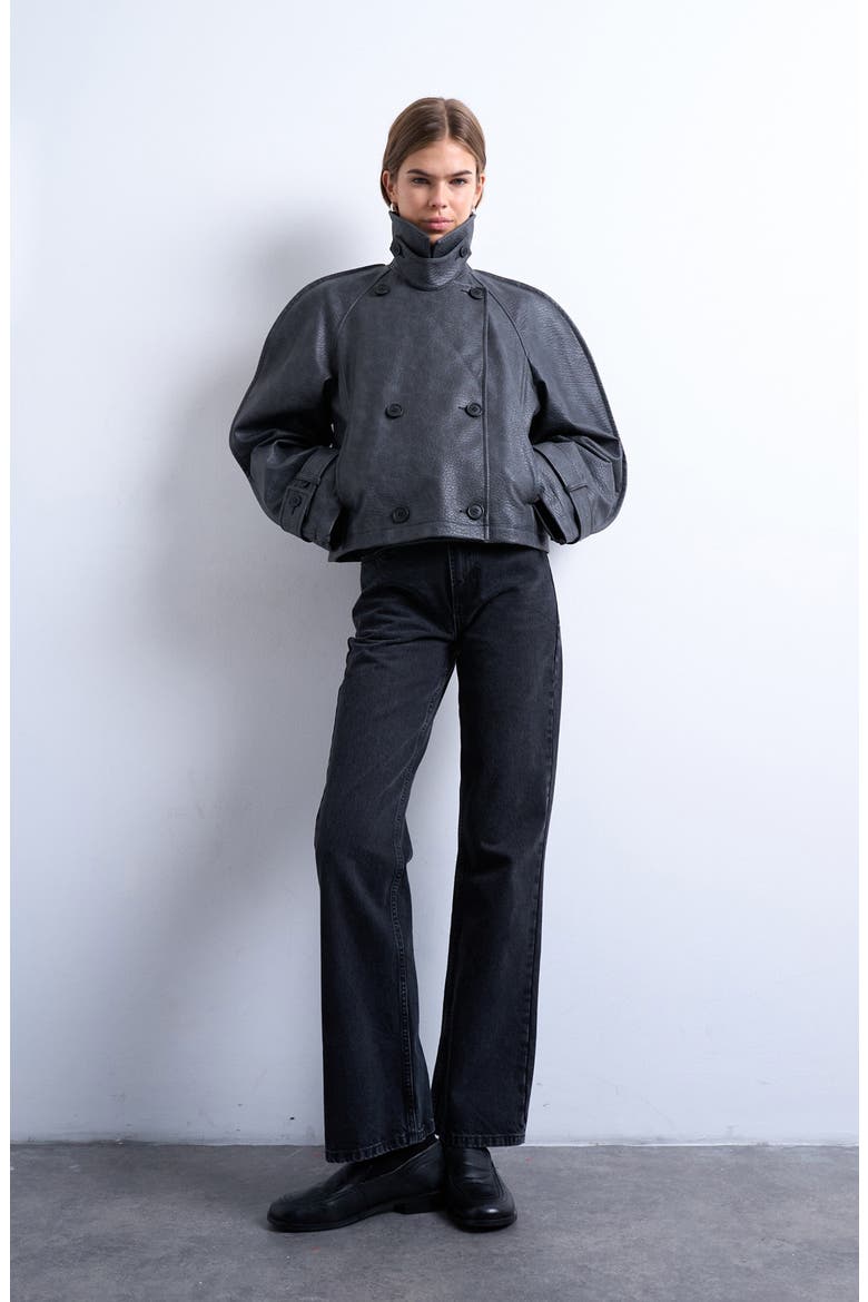 Ovoid Sleeve Short Faux Leather Trench Coat, Alternate, color, BLACK