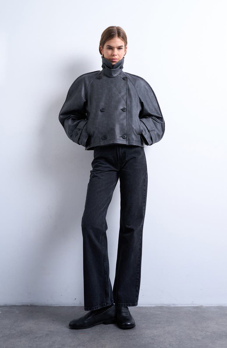 Topshop Ovoid Sleeve Short Faux Leather Trench Coat, Alternate, color, Black