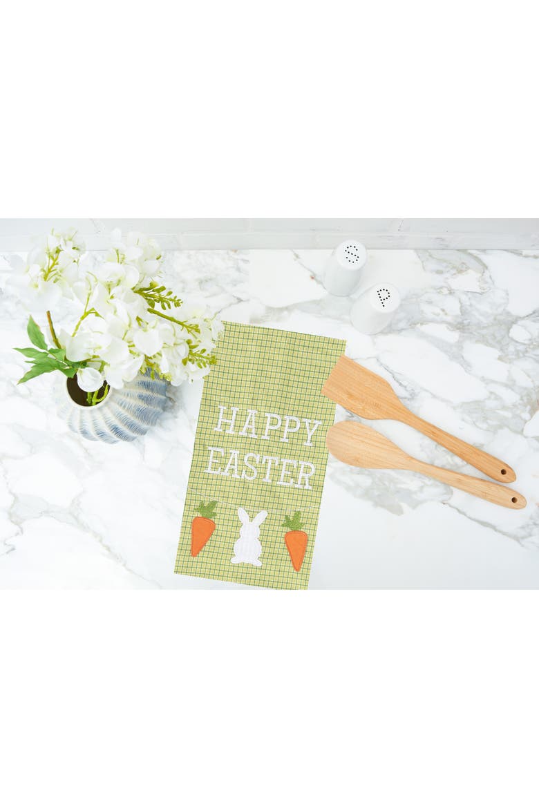 "Happy Easter" Bunny Rabbit & Carrots 100% Cotton Green Plaid Dishtowel, Alternate, color, Green