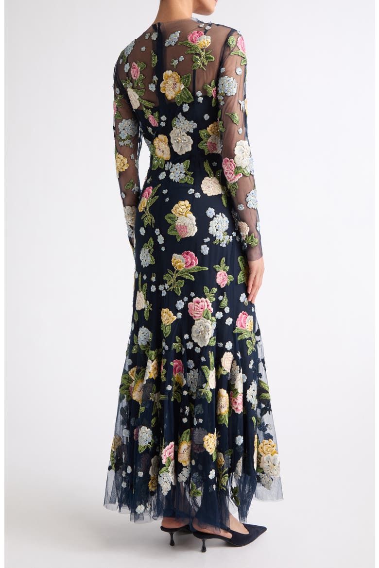 Floral Embroidered Sheer Long Sleeve Midi Dress, Alternate, color, MIDNIGHT