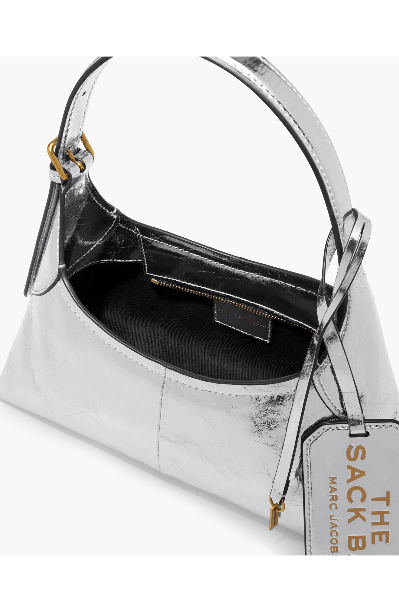 The Small Crinkle Leather Belted Sack Bag, Alternate, color, SILVER