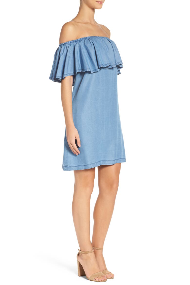 Ruffle Chambray Off the Shoulder Dress, Alternate, color, BLUE CHAMBRAY