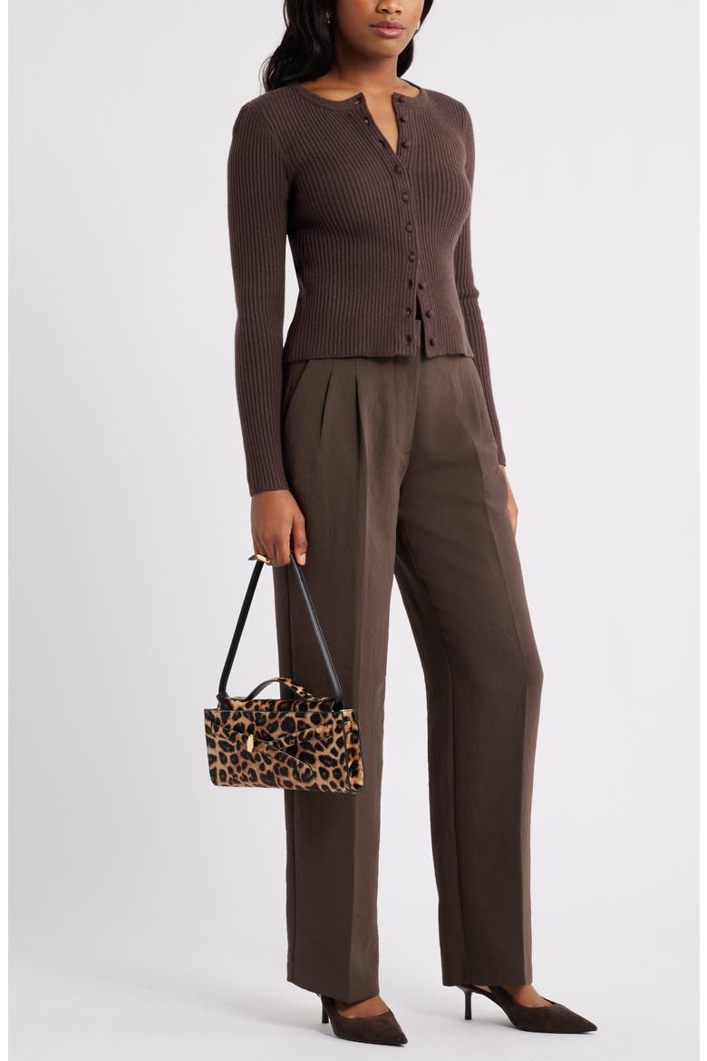 Ribbed Crewneck Cardigan, Alternate, color, BROWN SEAL