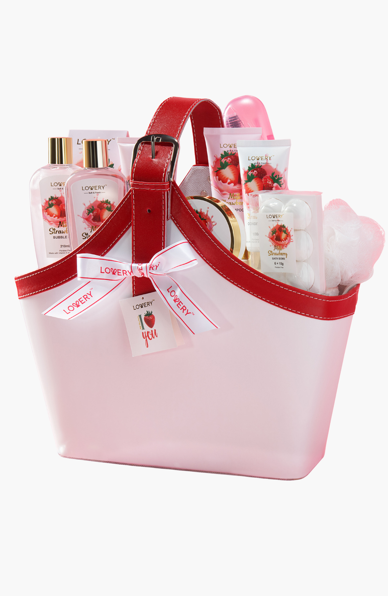 Lovery Strawberry Milk Scented Bath Set in a Leather Tote Bag, Alternate, color, Strawberry Milk