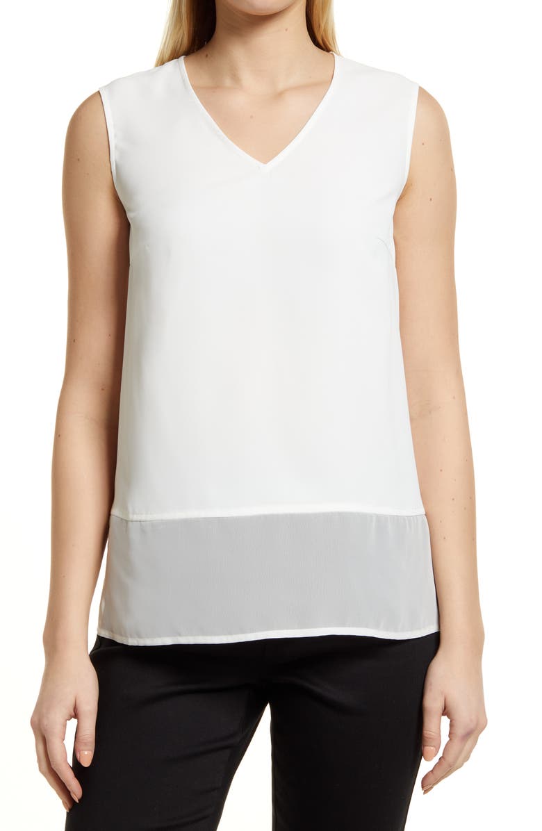 Ming Wang Sheer Hem Crêpe de Chine Sleeveless Top, Main, color, White