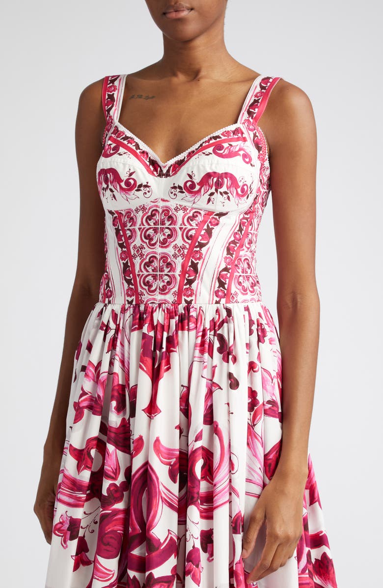 Dolce&Gabbana Majolica Cotton Poplin Bustier Dress, Alternate, color,