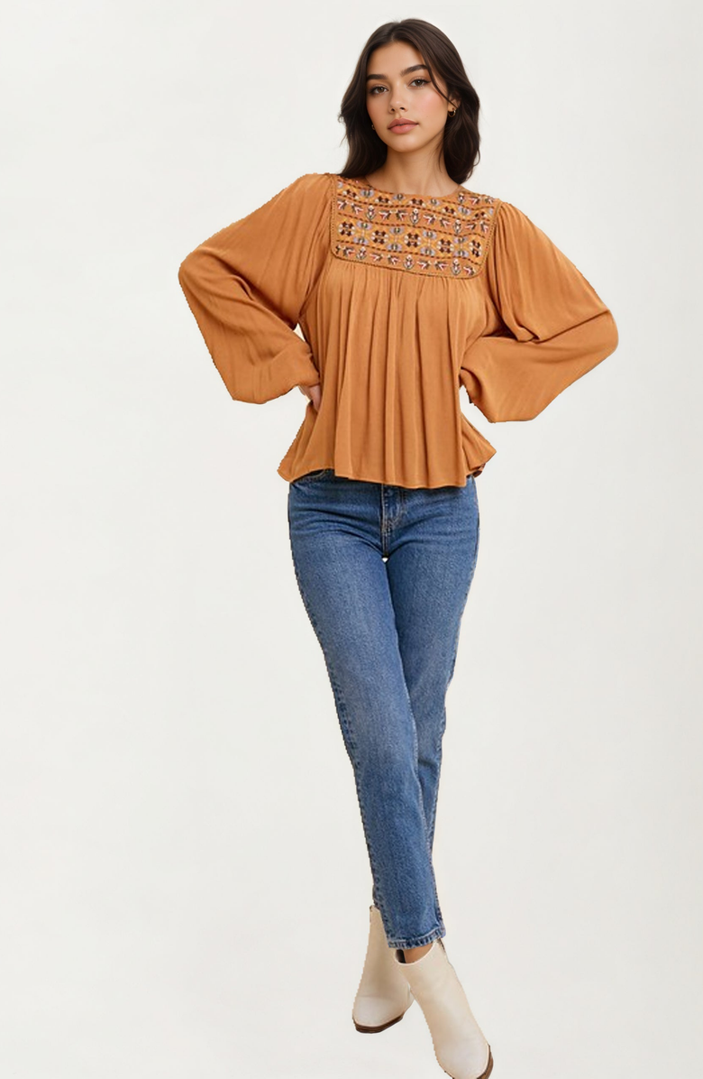 Knit and Lounge Embroidered Yoke Long Sleeve Peasant Blouse, Main, color, Brown / Multicolor