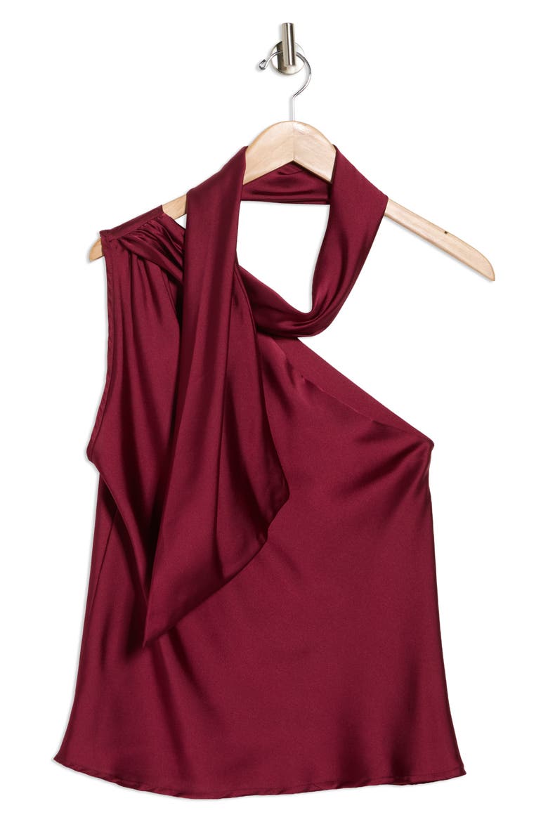 Scarf Detail One-Shoulder Satin Top, Alternate, color, BURGUNDY