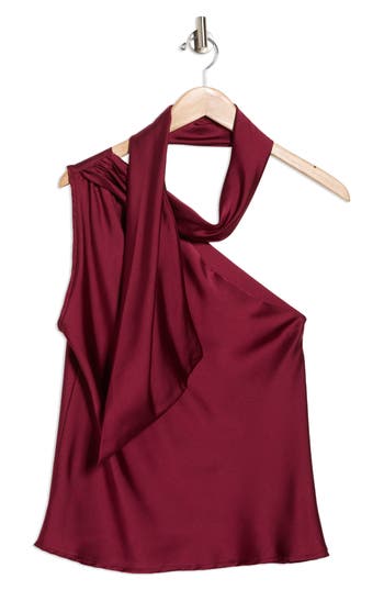 Renee C Scarf Detail One-shoulder Satin Top In Burgundy