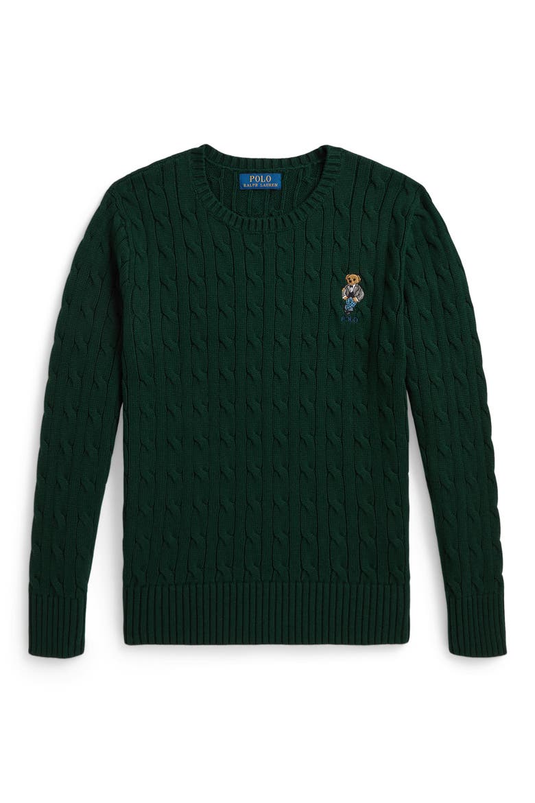Kids' Polo Bear Cable Knit Cotton Sweater, Main, color, MOSS AGATE