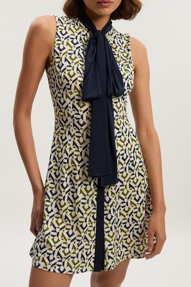 Petite Crepe Tie Neck Mini Dress, Alternate, color, Mono