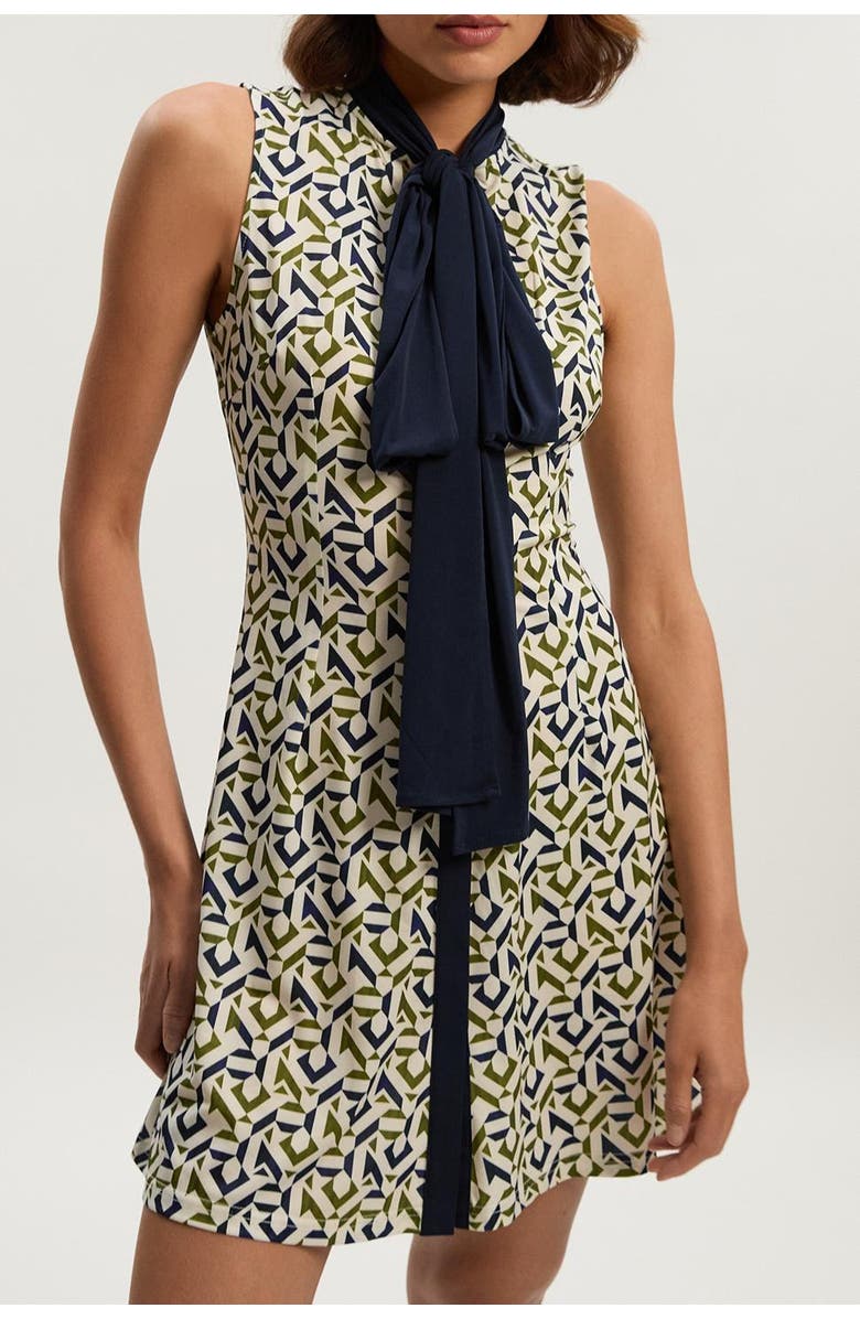 Karen Millen Petite Crepe Tie Neck Mini Dress, Alternate, color, Mono