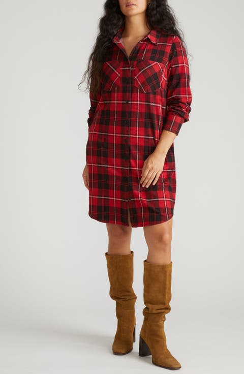 Long Sleeve Check Flannel Shirtdress (Plus)