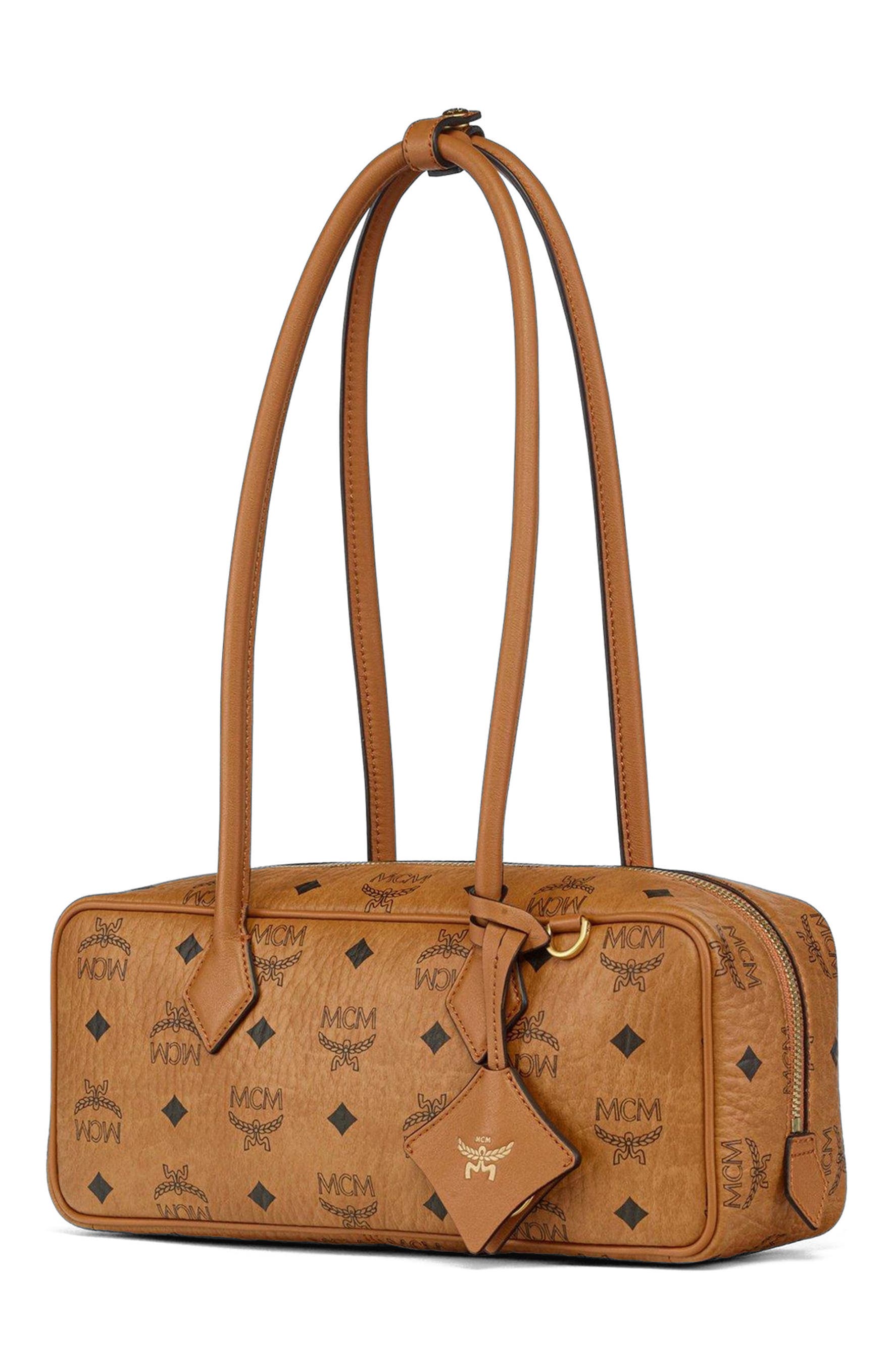 MCM Small Aren East West Shoulder Bag in Visetos, Alternate, color, Cognac