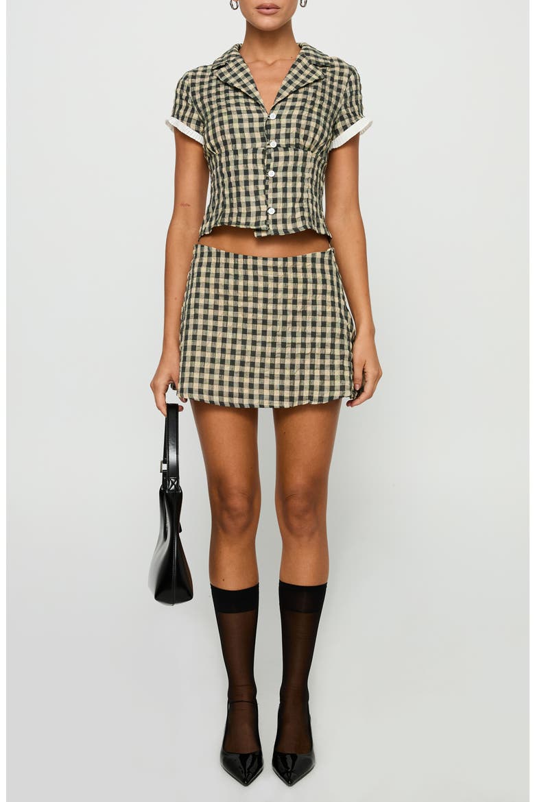 Rhom Check Cotton Crop Button-Up Shirt & Miniskirt Set, Main, color, BROWN CHECK