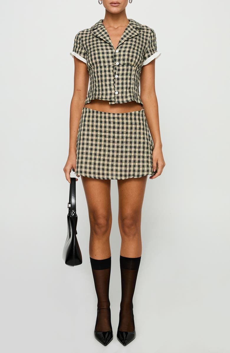 Princess Polly Rhom Check Cotton Crop Button-Up Shirt & Miniskirt Set, Main, color, Brown Check