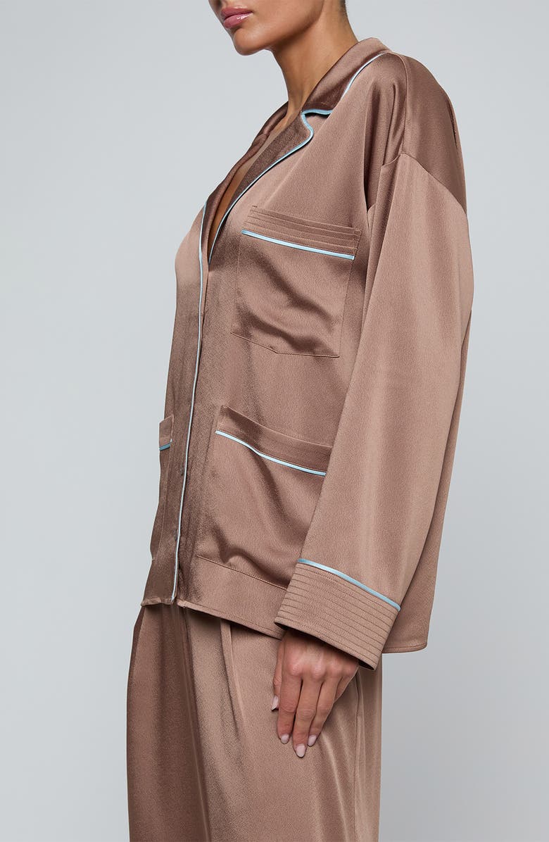 L'AGENCE Mara Satin Button-Up Shirt, Alternate, color, Mocha Tan/ Cool Blue