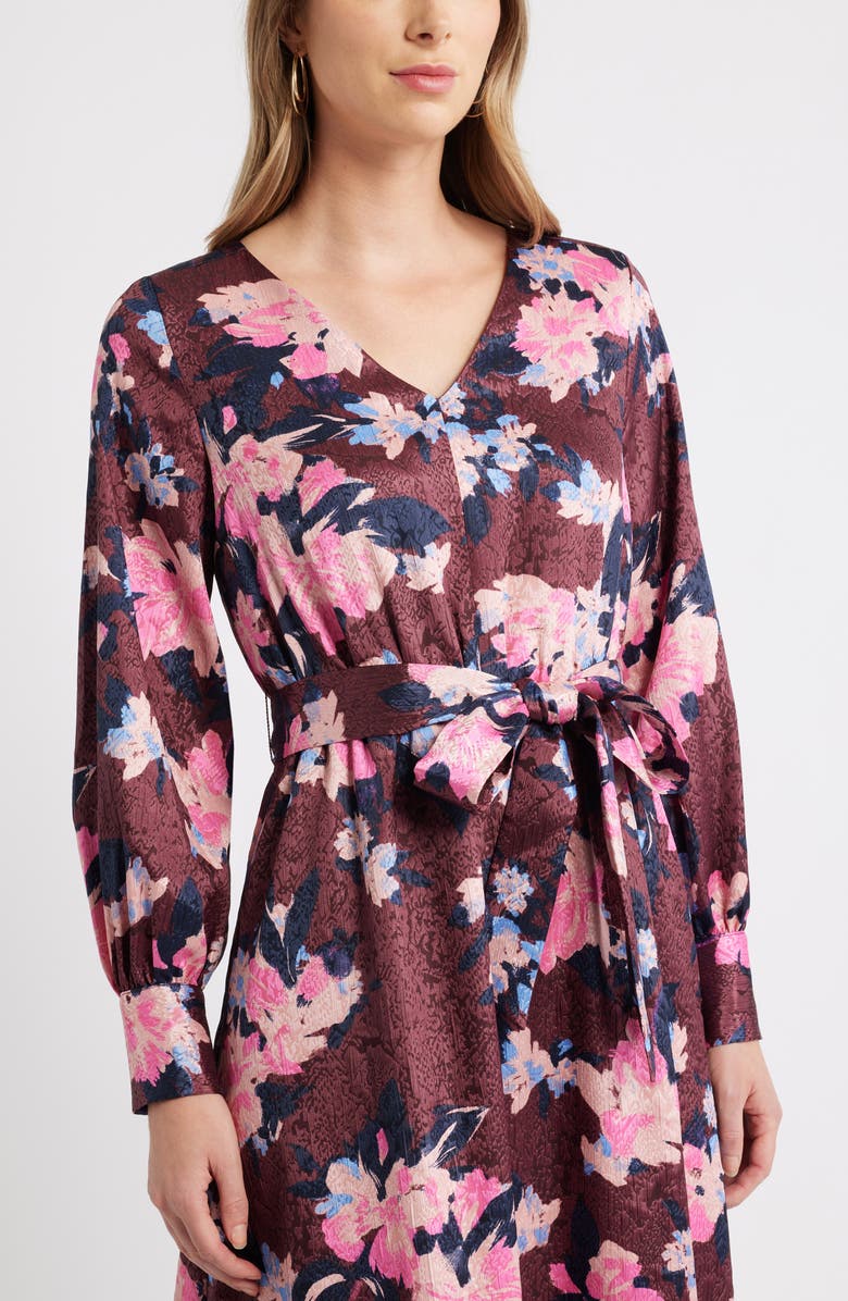 Caslon<sup>®</sup> Ruffle Tie Waist Long Sleeve Midi Dress, Alternate, color, Burgundy- Blue Georgia Blooms