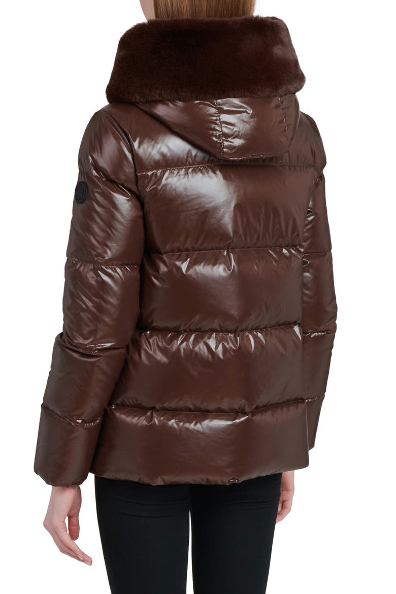 Water Resistant Nylon Down Puffer Coat with Faux Fur Trim, Alternate, color, DARK COFFEE