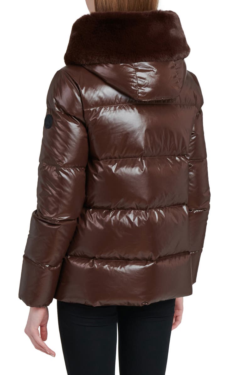 The Recycled Planet Company Water Resistant Nylon Down Puffer Coat with Faux Fur Trim, Alternate, color, Dark Coffee