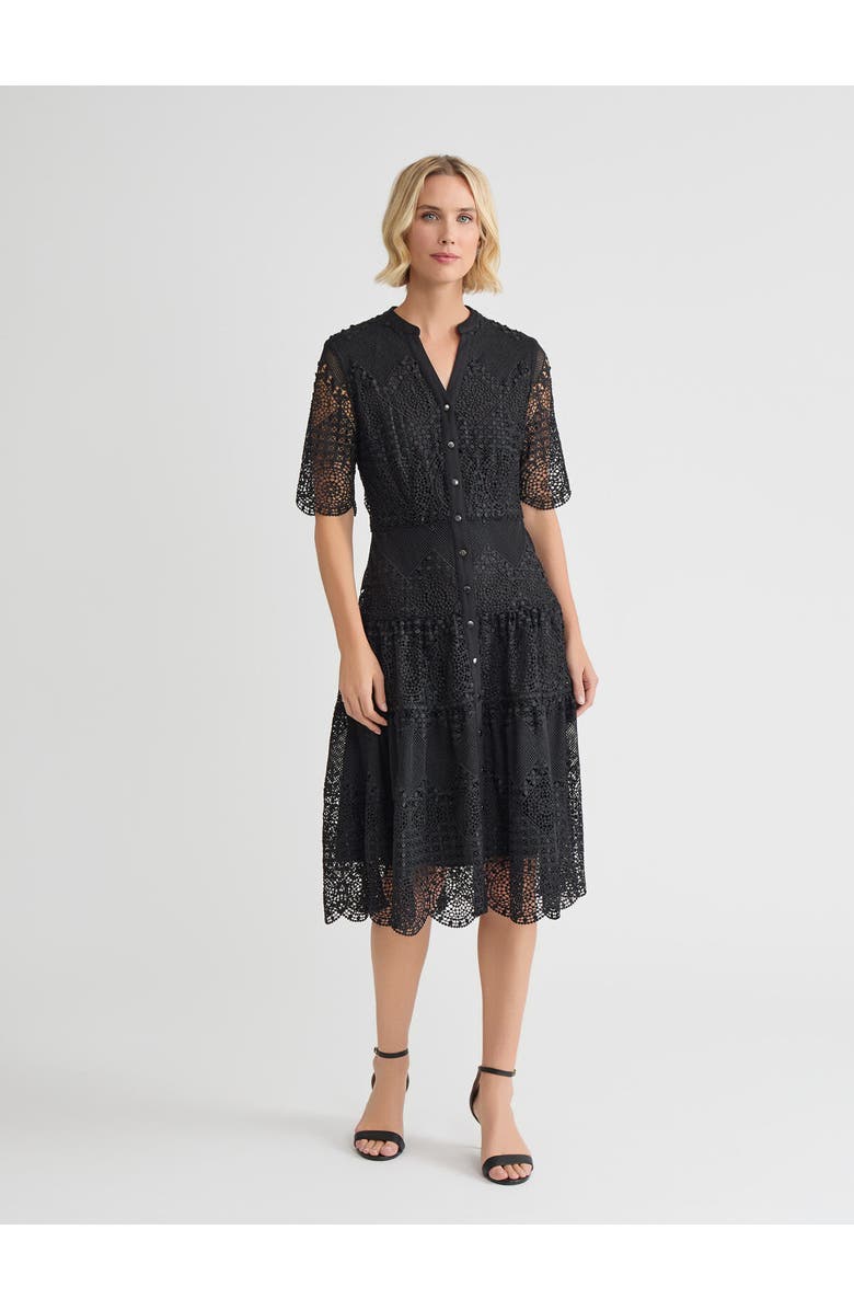 Misook A-Line Tiered Laced Woven Midi Dress, Alternate, color, Black