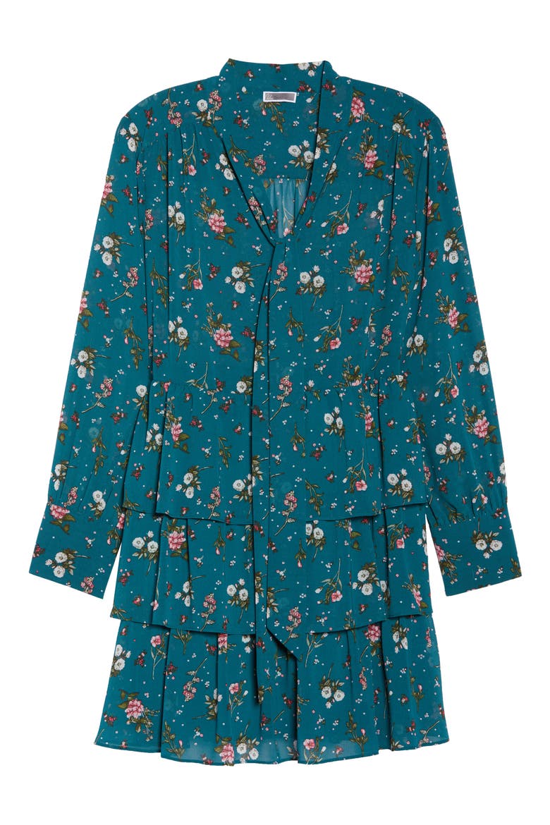 Tiered Floral Tie Neck Dress, Alternate, color, TEAL FLORAL