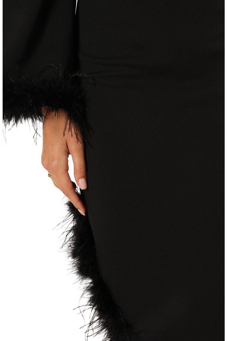 Dame Feather Trim Single Long Sleeve Midi Cocktail Dress, Alternate, color, BLACK