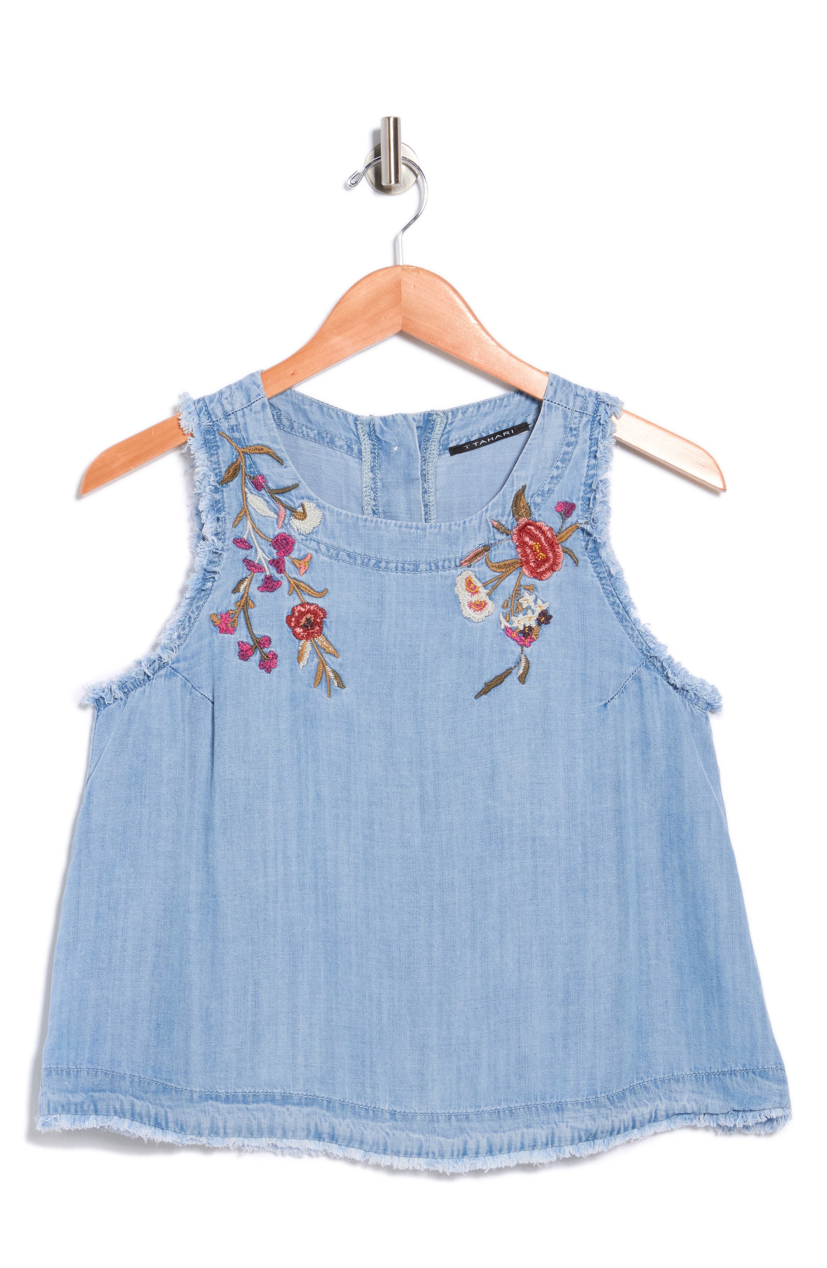 T Tahari Floral Embroidered Chambray Shell