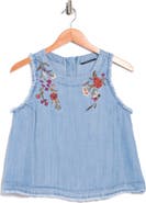 T Tahari Floral Embroidered Chambray Shell