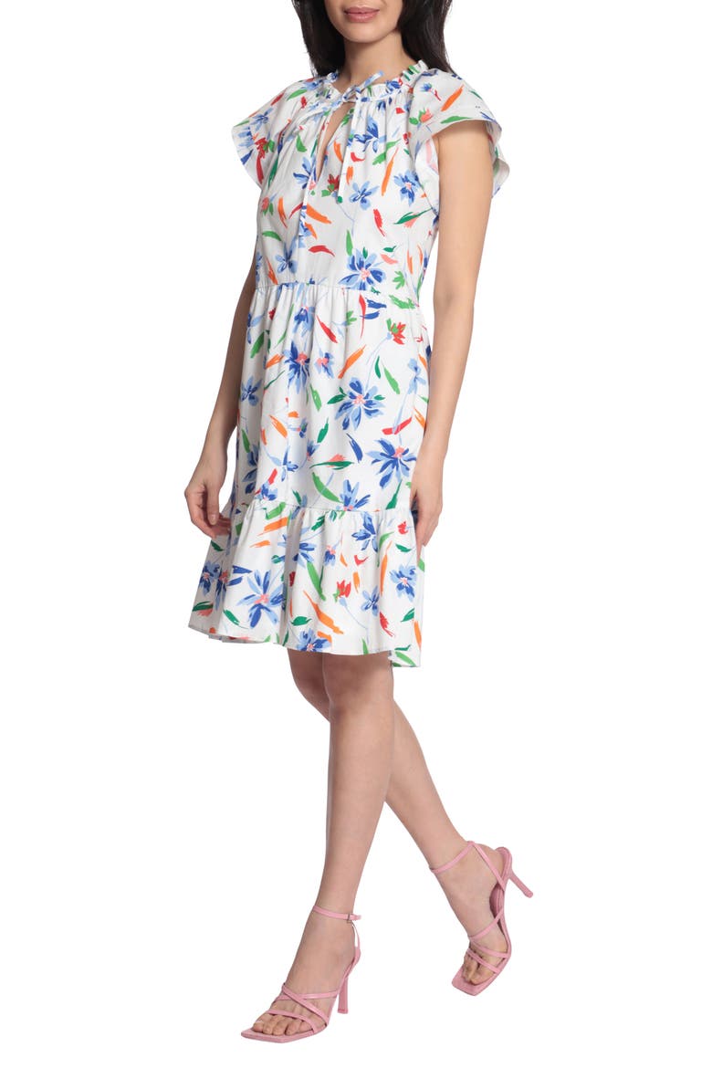 Floral Tie Neck Dress, Alternate, color, SOFT WHITE/ FRENCH BLUE