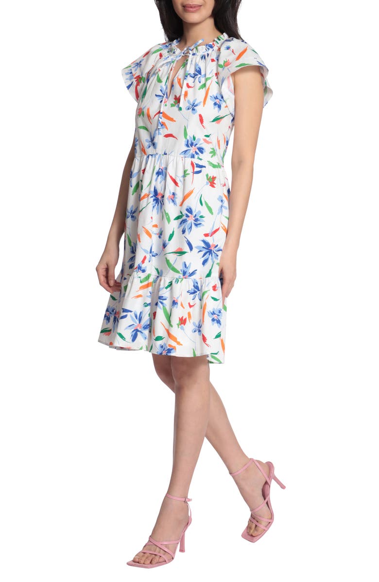 Maggy London Floral Tie Neck Dress, Alternate, color, Soft White/ French Blue