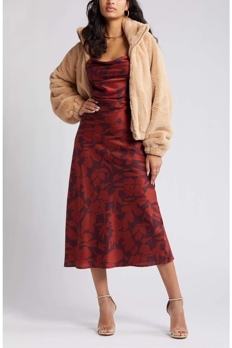 Amberlust Floral Satin Midi Dress, Main, color, BRONZE MULTI