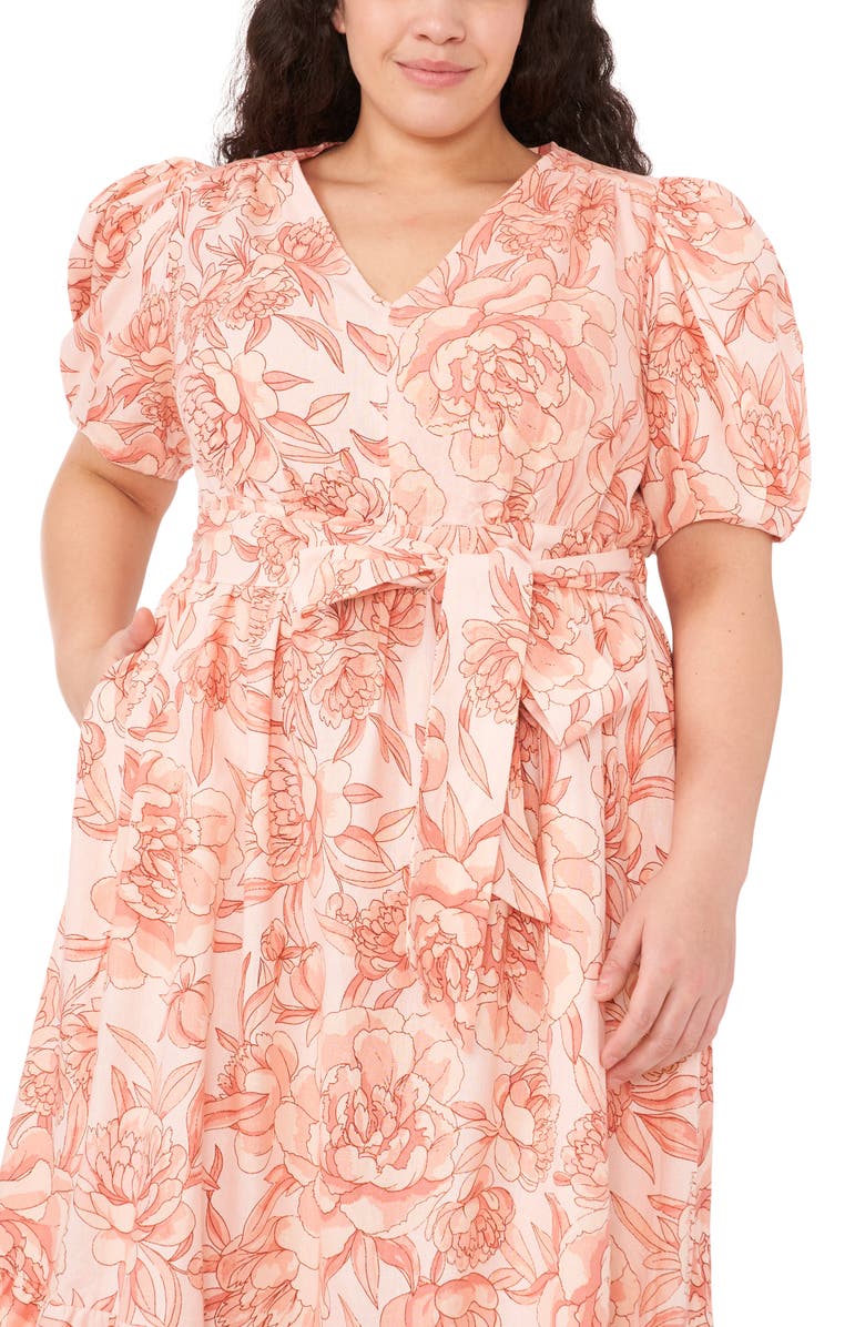 CeCe Floral Puff Sleeve Linen Blend Dress, Alternate, color, 