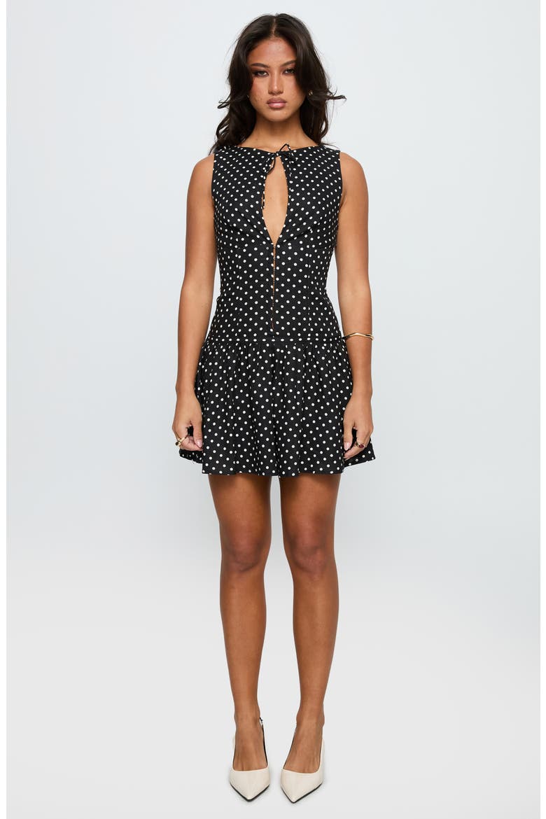 Alissea Polka Dot Keyhole Linen Blend Minidress, Alternate, color, BLACK POLKA