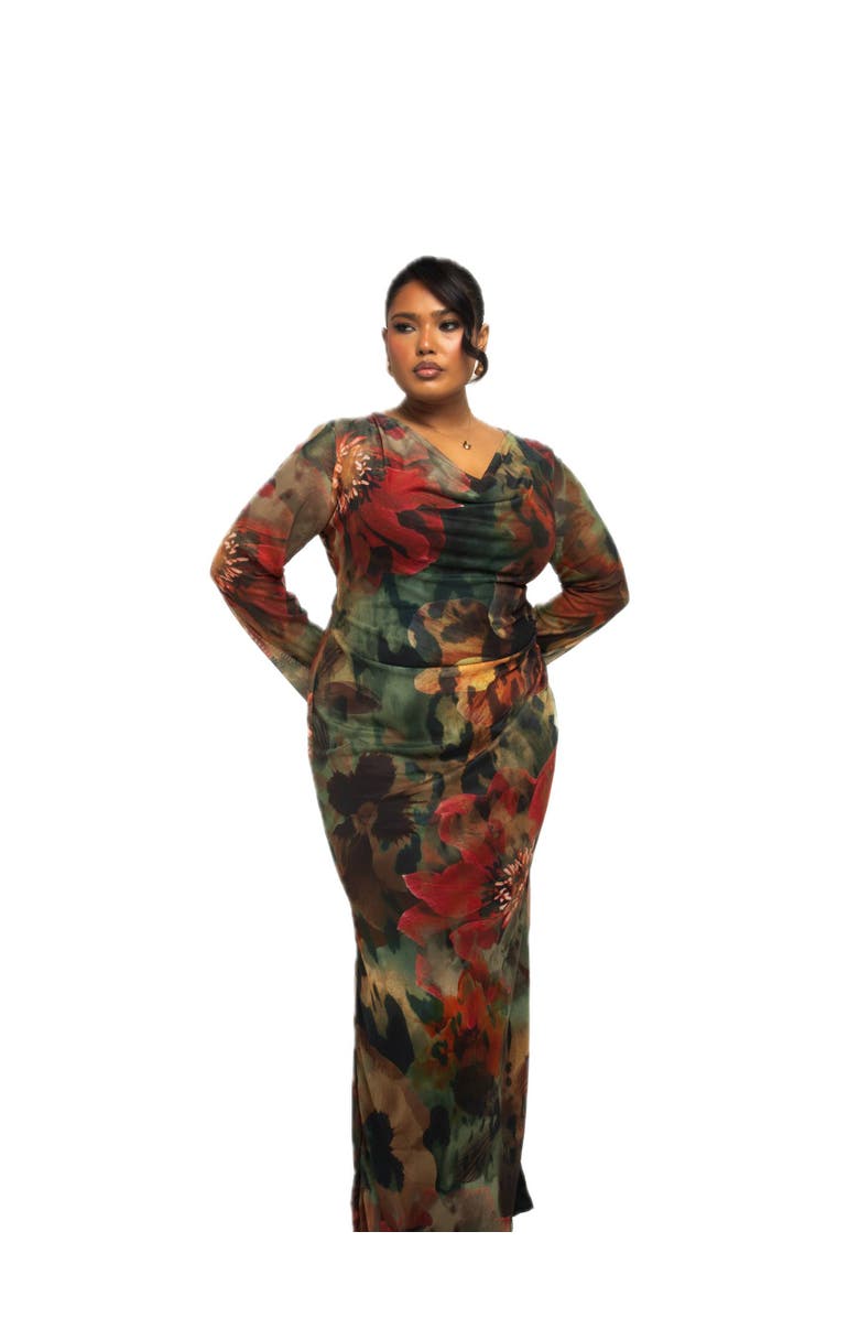 FASHION-SZN CURVE Plus Size Floral Print Mesh Maxi Dress, Alternate, color, Khaki