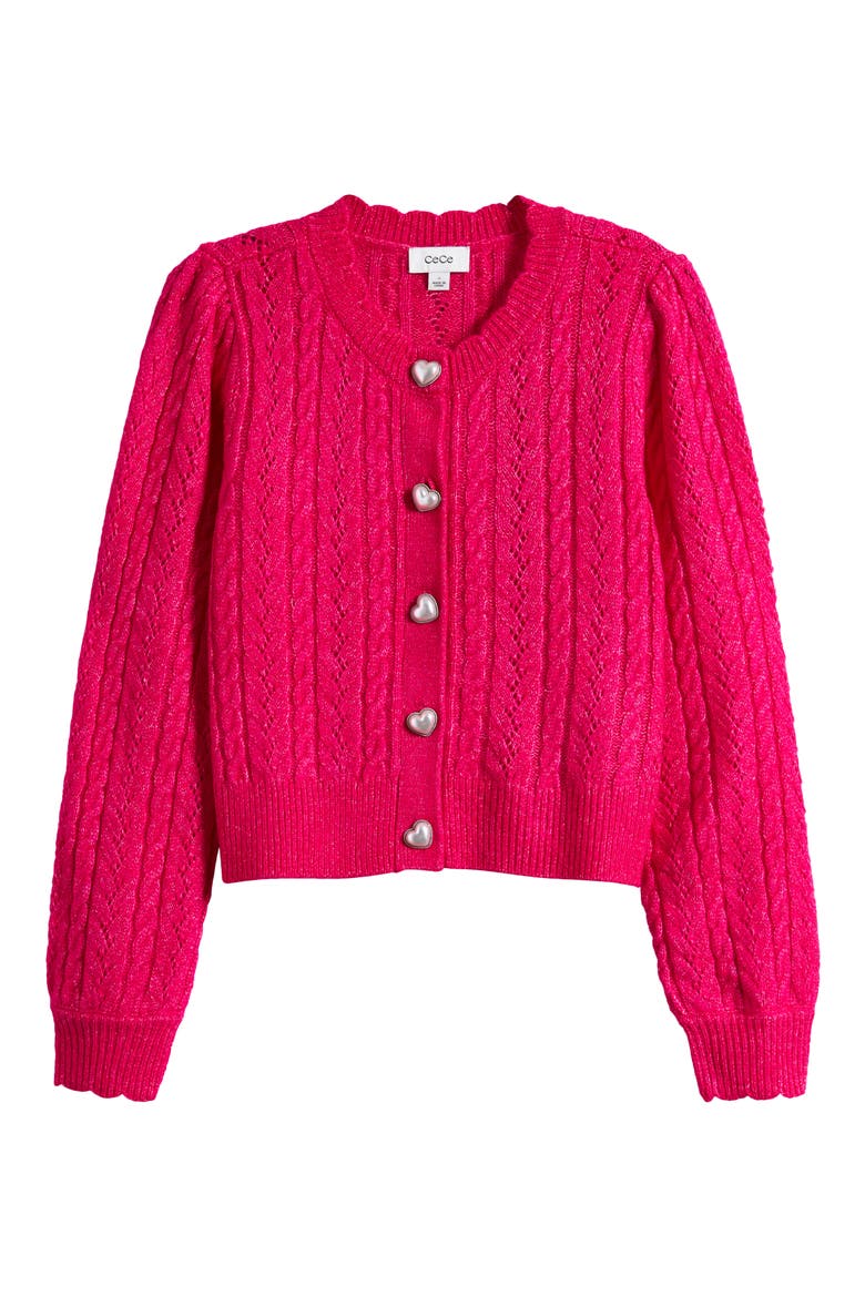 Heart Button Pointell Cardigan, Alternate, color, ELECTRIC PINK
